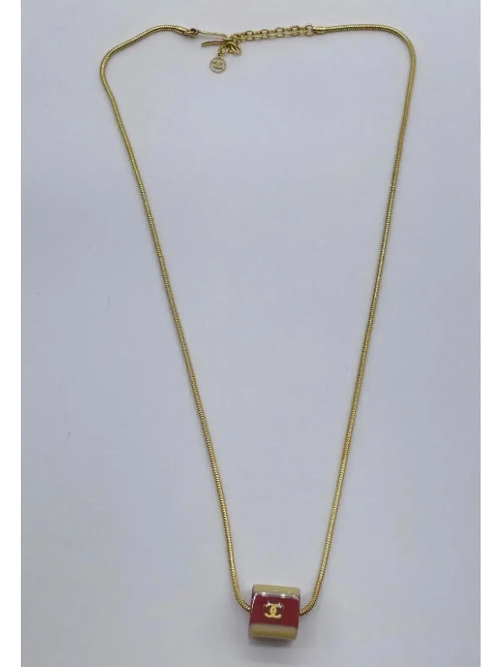 Authentic CHANEL Red Cube Necklace With Box Coco Mark Gold Logo